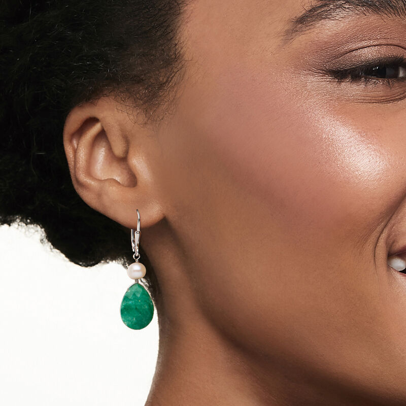16.00 ct. t.w. Emerald and Cultured Pearl Drop Earrings in Sterling Silver image number 1