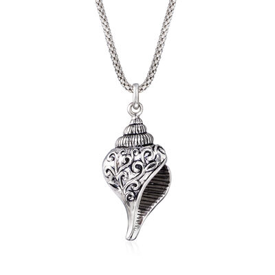 Sterling Silver Scrollwork Seashell Pendant Necklace