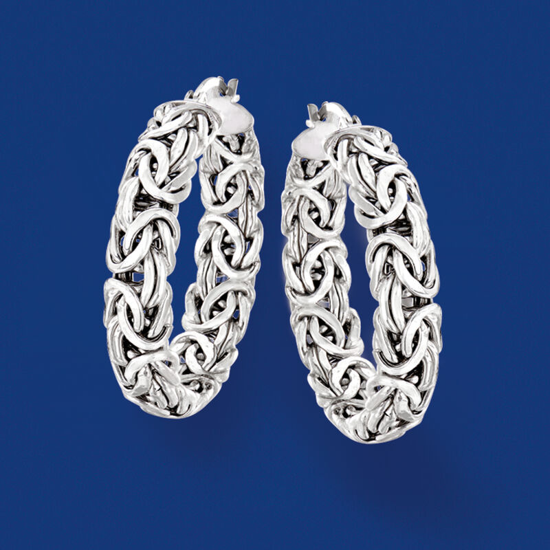 Sterling Silver Medium Byzantine Hoop Earrings. 1 1/4&quot; image number 3