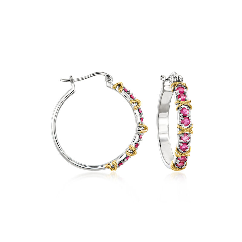 1.40 ct. t.w. Ruby Crisscross Hoop Earrings in Sterling Silver and 18kt Gold Over Sterling. 1" image number 0
