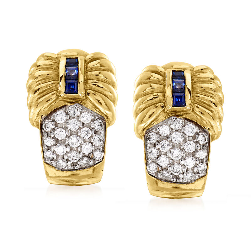 C. 1980 Vintage .75 ct. t.w. Diamond and .30 ct. t.w. Sapphire Clip-On J-Hoop Earrings in 18kt Two-Tone Gold. 5/8&quot; image number 0