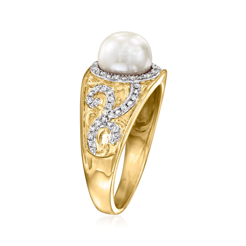 7-7.5mm Cultured Pearl and .11 ct. t.w. Diamond Ring in 18kt Gold Over Sterling image number 2