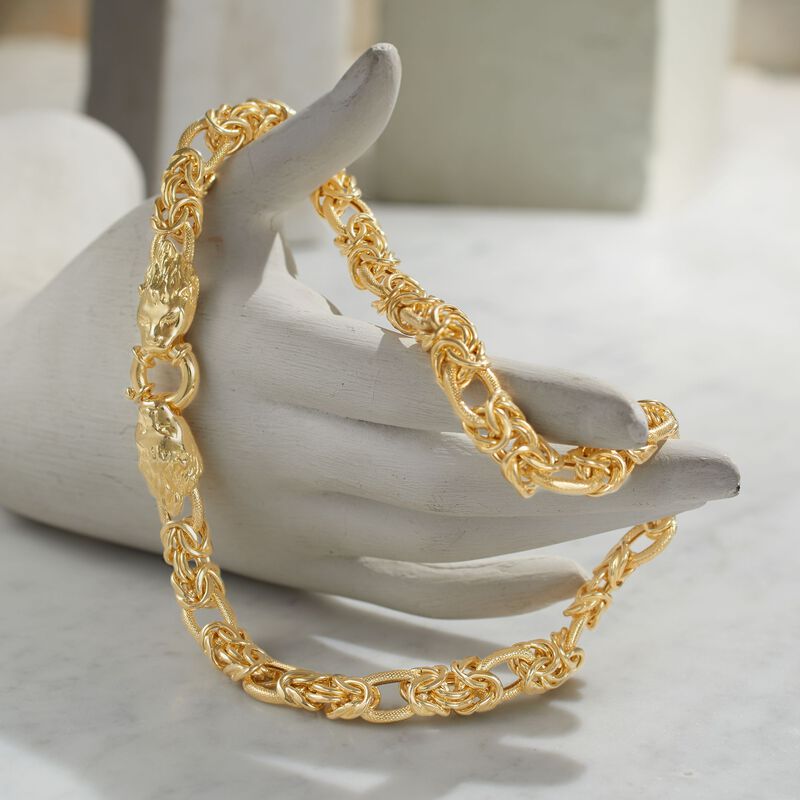 Italian 24kt Gold Over Sterling Double Lion Head Necklace with Byzantine and Oval Links image number 3