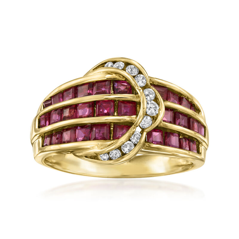 C. 1980 Vintage .96 ct. t.w. Ruby and .15 ct. t.w. Diamond Buckle Ring in 18kt Yellow Gold. Size 6 image number 0