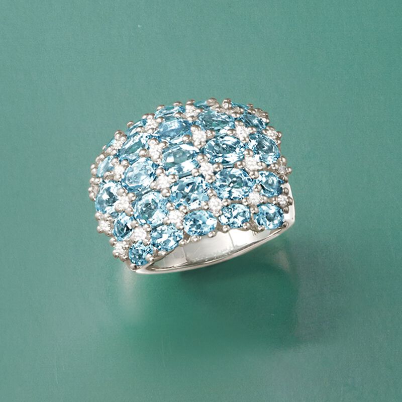 5.20 ct. t.w. Aquamarine and .36 ct. t.w. Diamond Multi-Row Ring in Sterling Silver image number 3