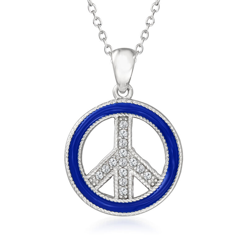 Blue Enamel and .10 ct. t.w. White Topaz Peace Sign Pendant Necklace in Sterling Silver image number 0