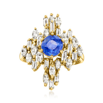 C. 1980 Vintage 1.25 Carat Sapphire and 1.60 ct. t.w. Diamond Cocktail Ring in 18kt Yellow Gold