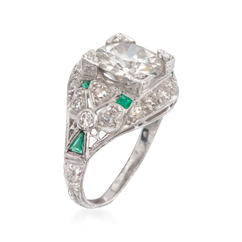C. 1990 Vintage 2.55 ct. t.w. Diamond Ring With Emeralds in Platinum image number 2