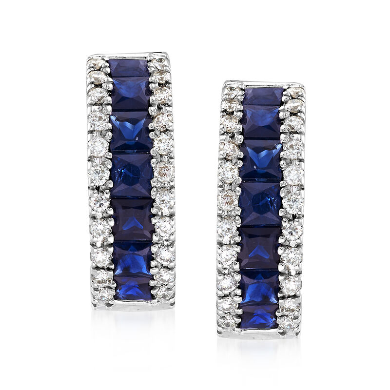 1.50 ct. t.w. Sapphire and .30 ct. t.w. Diamond Huggie Hoop Earrings in 14kt White Gold. 1/2&quot; image number 0