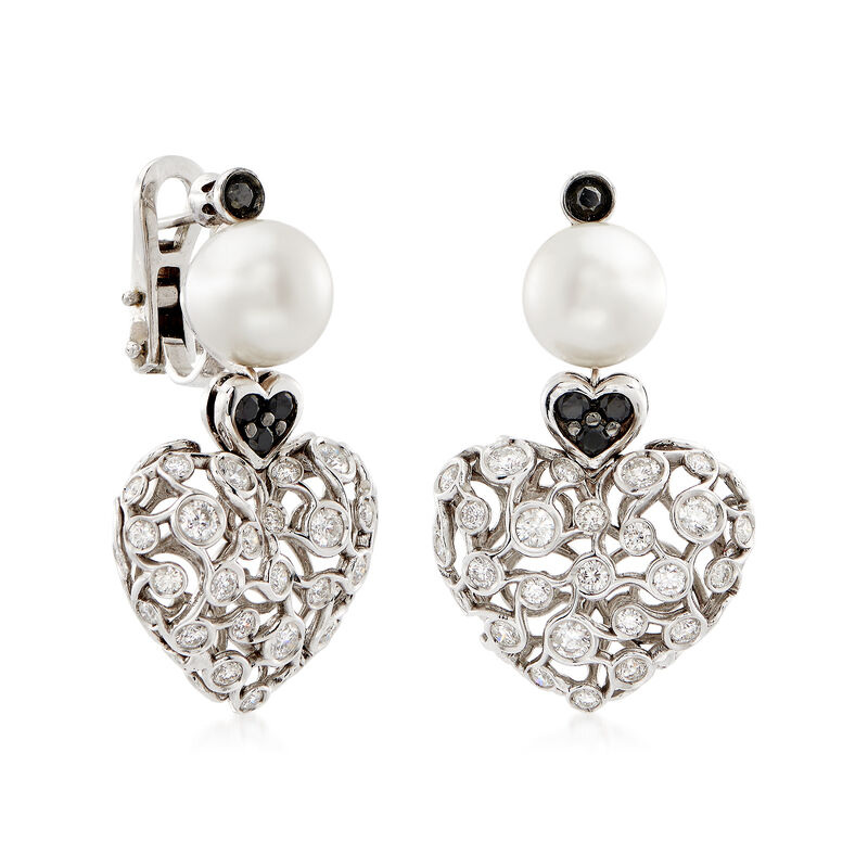 C. 2000 Vintage 9.5mm Cultured Pearl and 2.50 ct. t.w. Black and White Diamond Heart Drop Earrings in 18kt White Gold image number 2