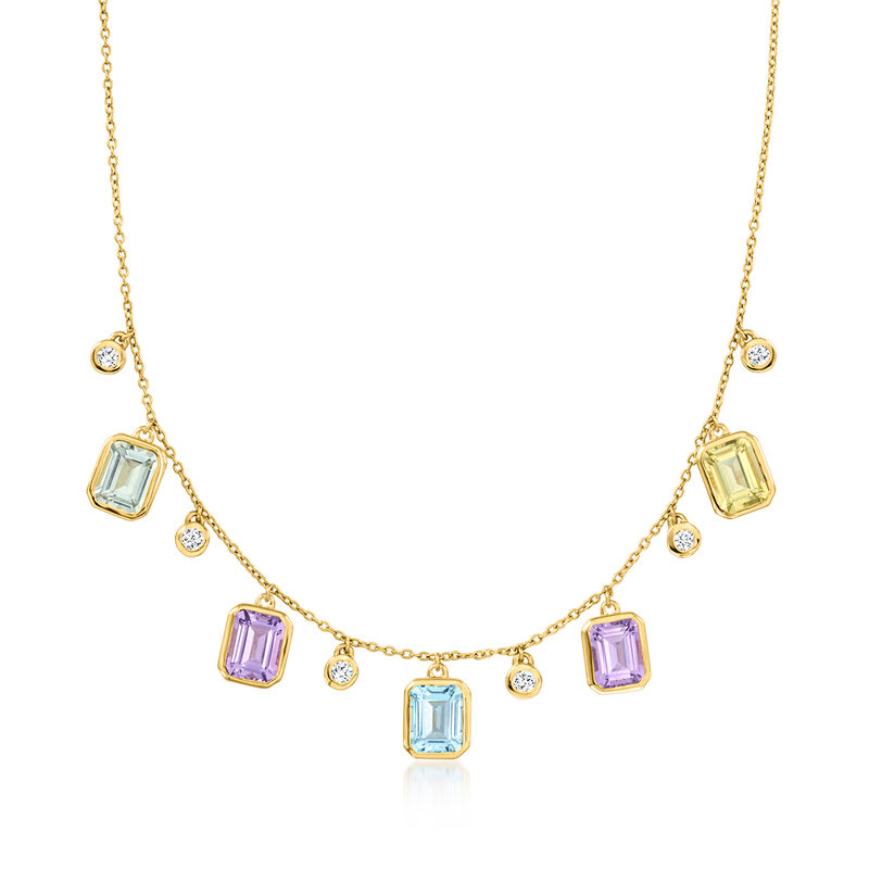 12.60 ct. t.w. Multi-Gemstone and .66 ct. t.w. Lab-Grown Diamond Necklace in 18kt Gold Over Sterling. 18" image number 1