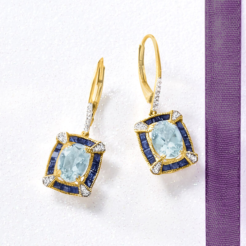 2.40 ct. t.w. Aquamarine and 1.50 ct. t.w. Sapphire Drop Earrings with .11 ct. t.w. Diamonds in 14kt Yellow Gold image number 2