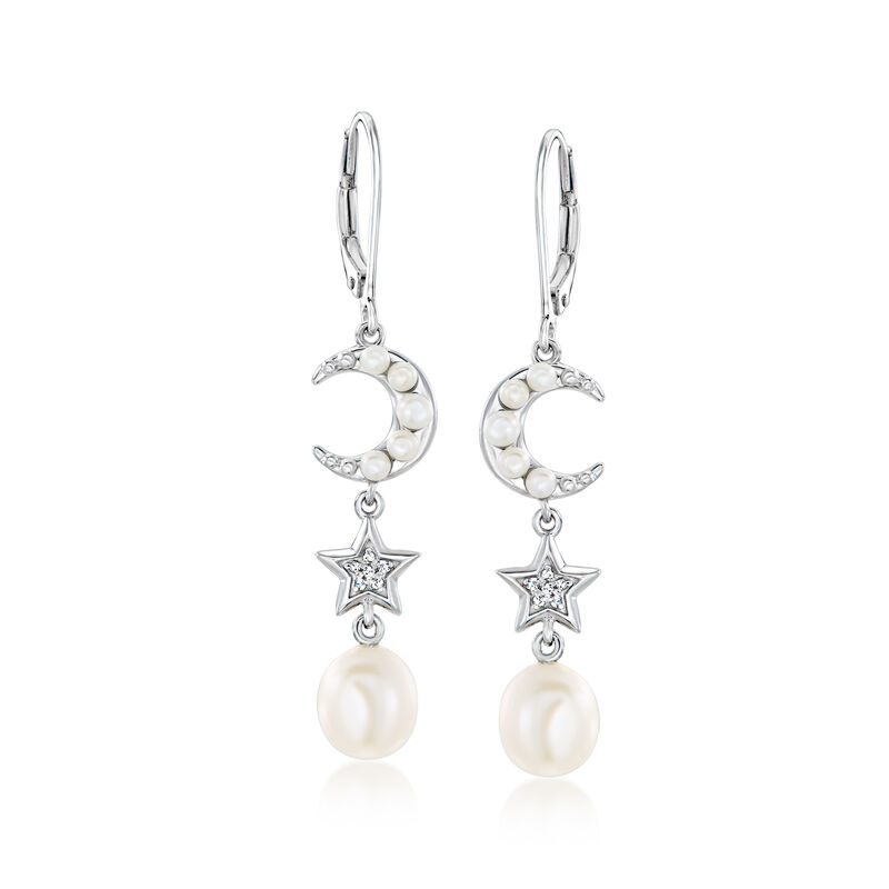 2-7.5mm Cultured Pearl Celestial Drop Earrings with Diamonds in Sterling Silver image number 0