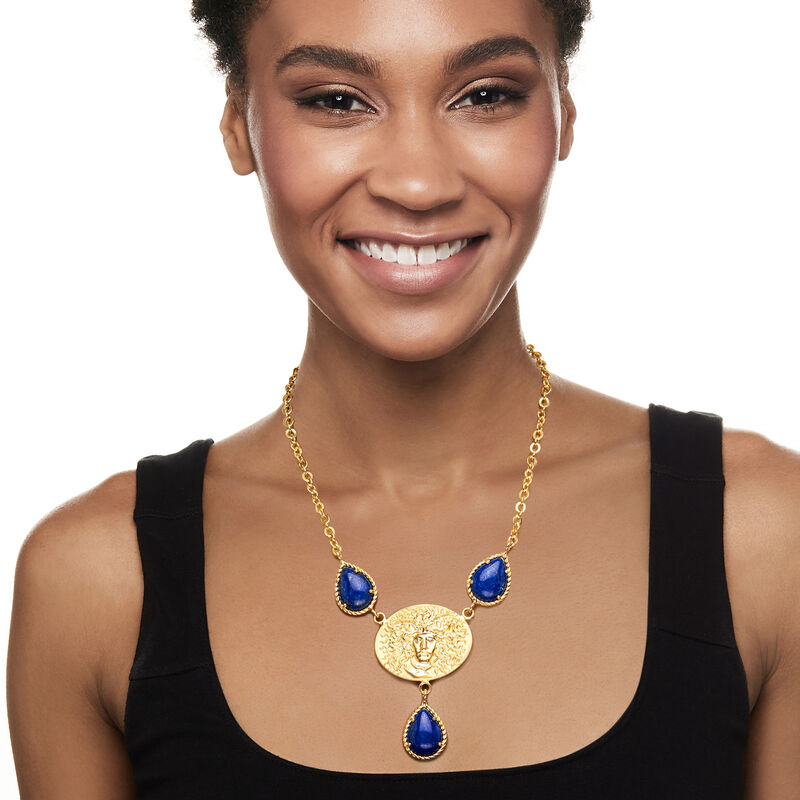 Italian Tagliamonte Lapis and Cameo-Style Medusa Necklace in 18kt Gold Over Sterling image number 1