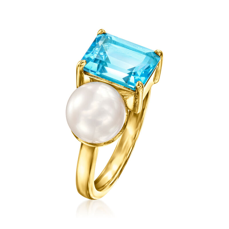 7.5-8mm Cultured Pearl and 2.90 Carat Swiss Blue Topaz Toi et Moi Ring in 18kt Gold Over Sterling image number 2