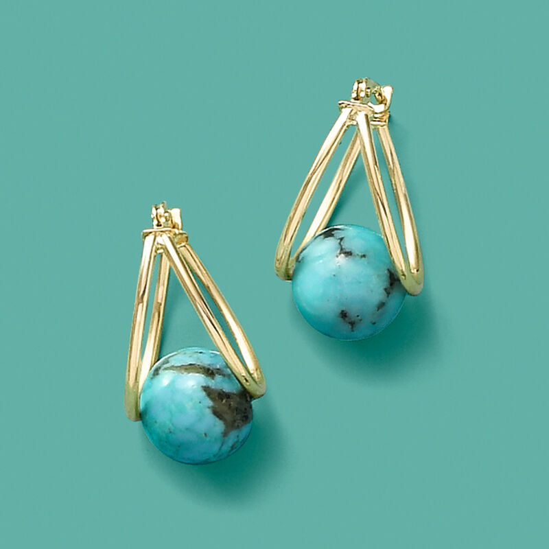 Turquoise Double-Hoop Earrings in 14kt Yellow Gold. 3/4&quot; image number 3