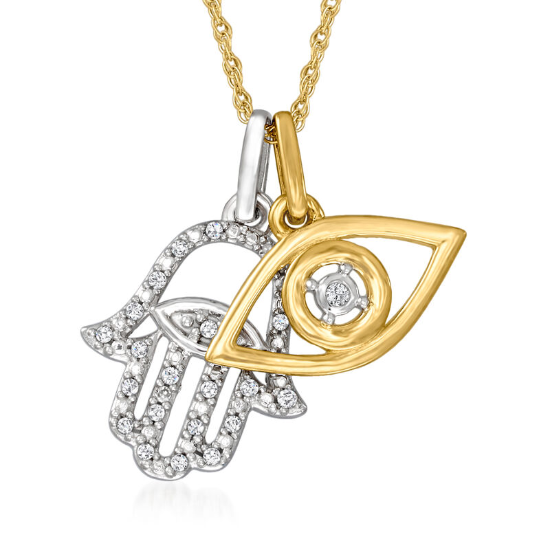 14kt Two-Tone Gold Hamsa Hand and Evil Eye Pendant Necklace with Diamond Accents image number 0