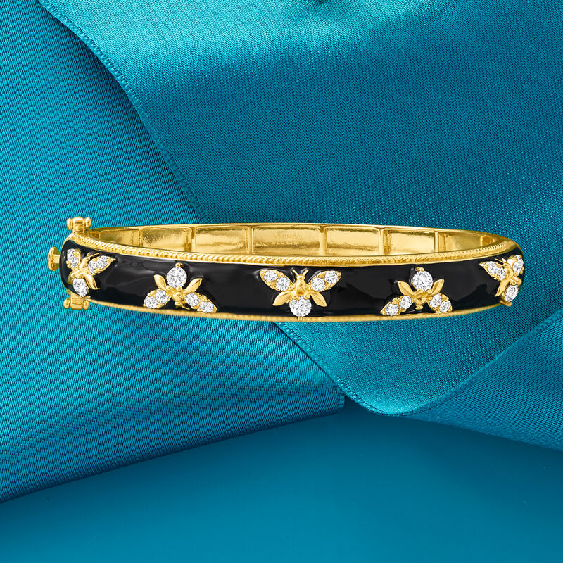 1.40 ct. t.w. White Topaz and Black Enamel Bumblebee Bangle Bracelet in 18kt Gold Over Sterling image number 2