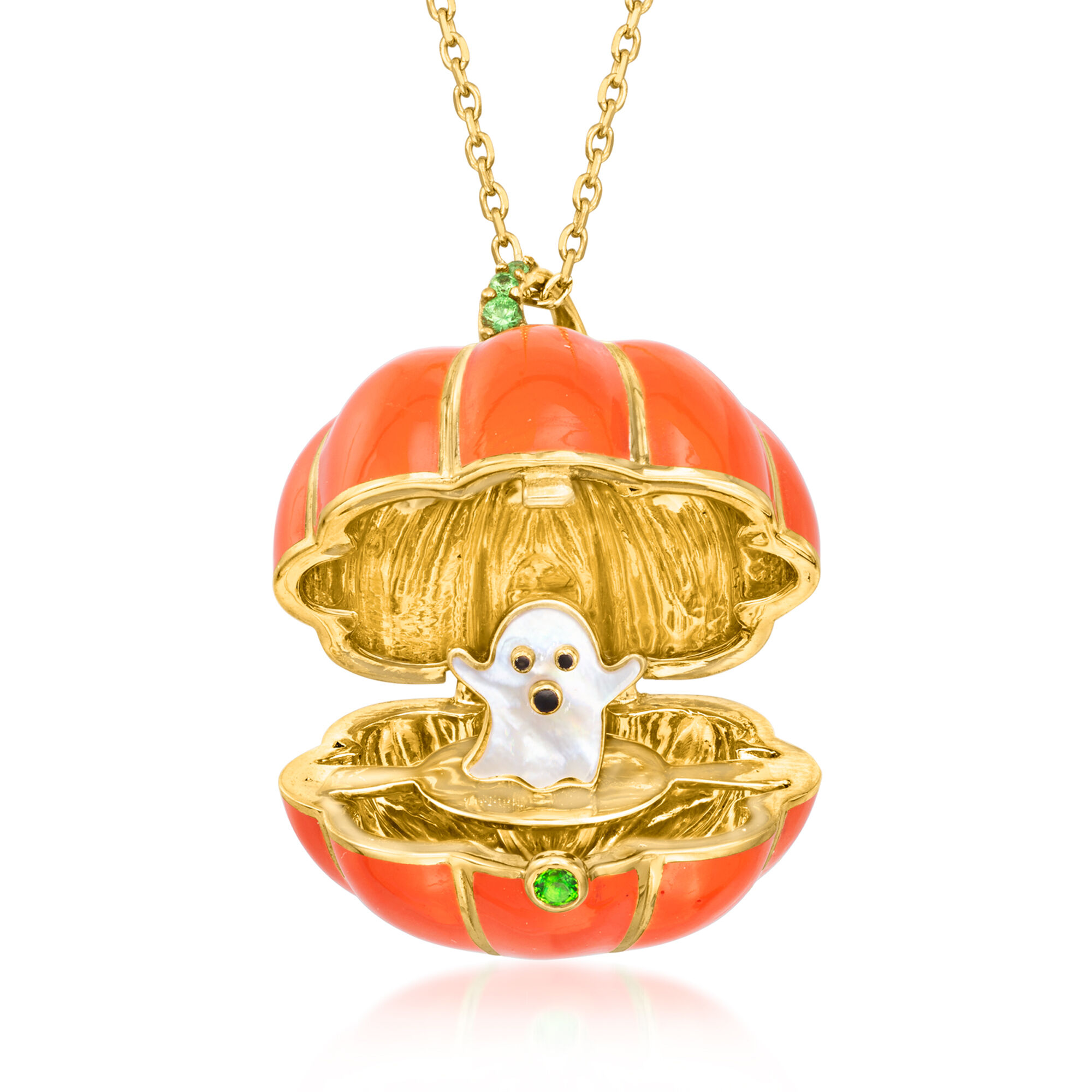 Multicolored Enamel Pumpkin Ghost Pendant Necklace with Tsavorites