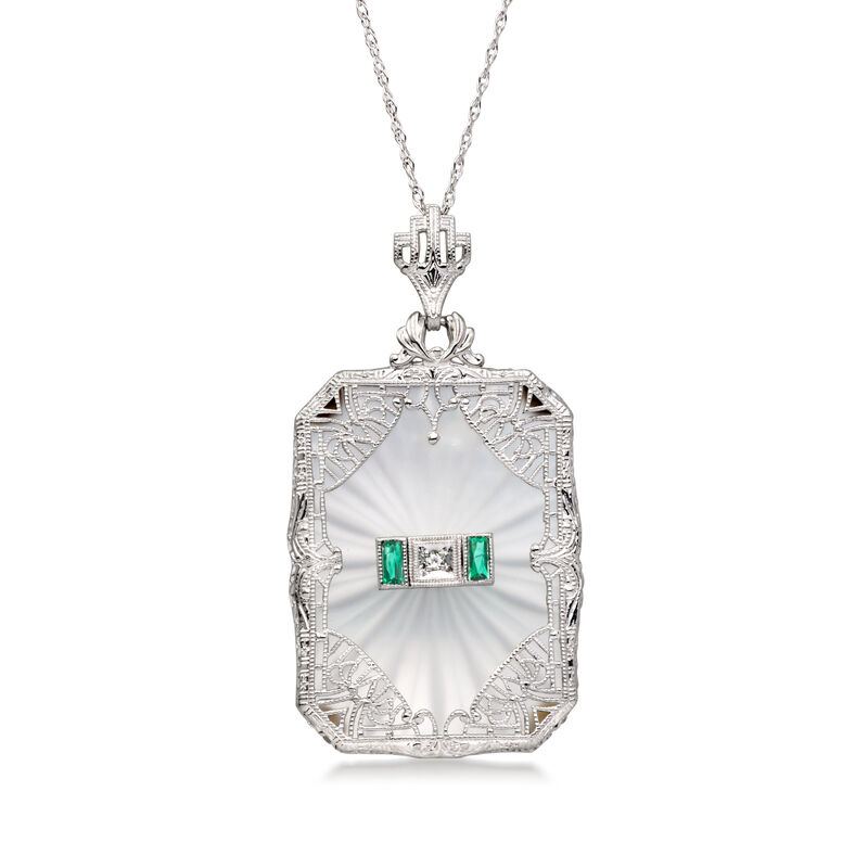 C. 1980 Vintage 9.00 Carat Rock Crystal Pendant Necklace with Simulated Green Quartz and Single Diamond in 14kt White Gold. 18" image number 0