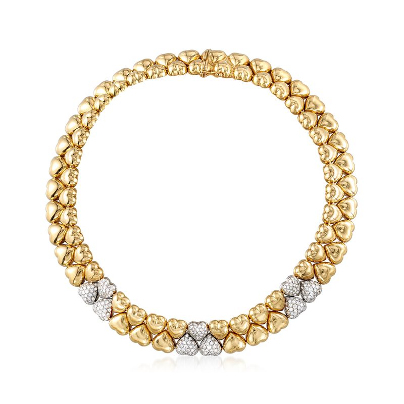 C. 1980 Vintage 5.00 ct. t.w. Diamond Double-Row Heart Necklace in 18kt Two-Tone Gold. 16.5&quot; image number 1