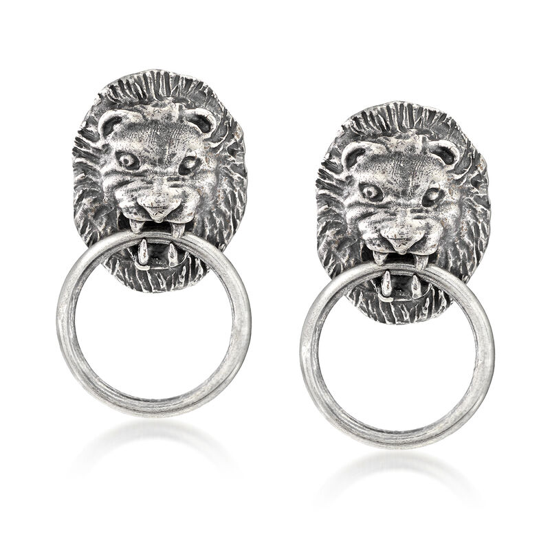Italian Sterling Silver Lion Head Doorknocker Earrings image number 0