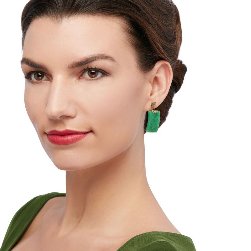 Rectangular Green Jade &quot;Fortune&quot; Symbol Drop Earrings in 14kt Yellow Gold image number 1