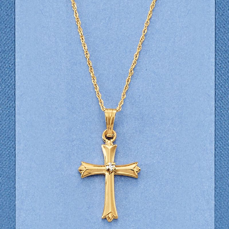 Child's 14kt Yellow Gold Cross Pendant Necklace with Single Diamond. 15&quot; image number 1