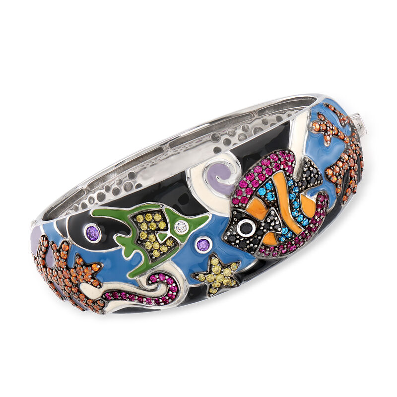 Belle Etoile &quot;Under the Sea&quot; Multicolored Enamel and 4.35 ct. t.w. CZ Bangle Bracelet in Sterling Silver. 7.5&quot; image number 0