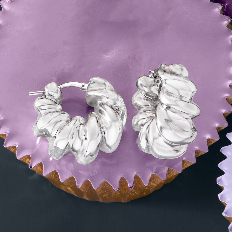 Italian Sterling Silver Ribbed Hoop Earrings image number 2