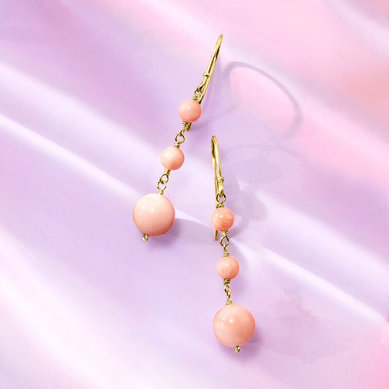 4-8mm Pink Coral Bead Linear Drop Earrings in 14kt Yellow Gold image number 3