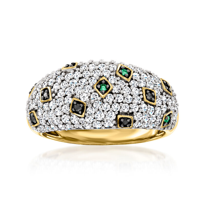 1.05 ct. t.w. White and Black Diamond Ring with Emeralds in 18kt Gold Over Sterling image number 0