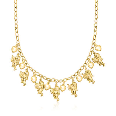 Italian 18kt Gold Over Sterling Cherub and Heart Charm Necklace