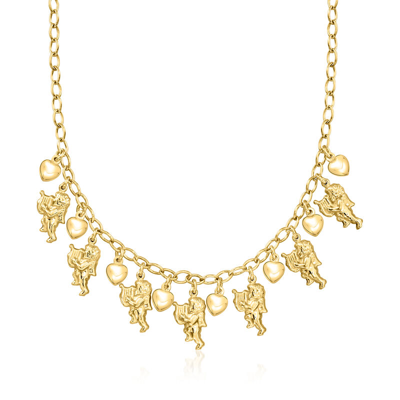 Italian 18kt Gold Over Sterling Cherub and Heart Charm Necklace. 18" image number 0