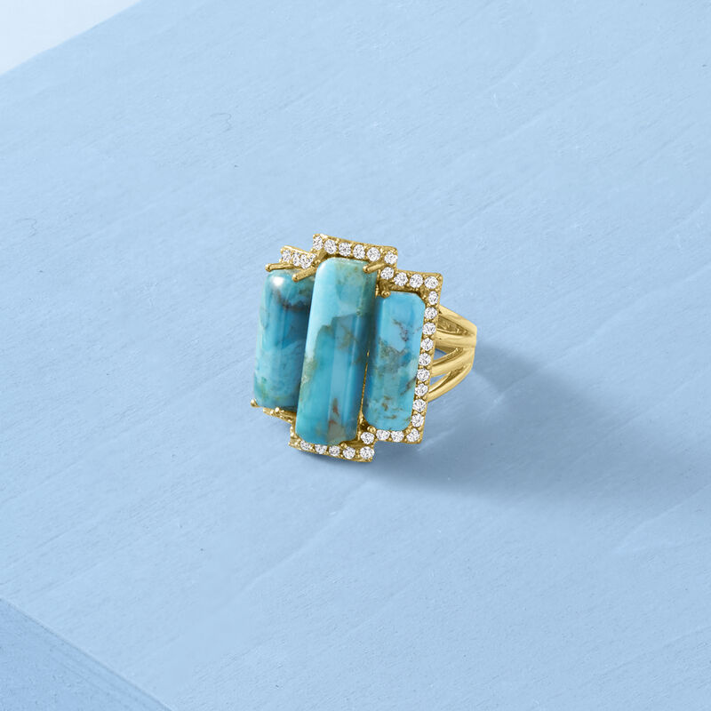 Turquoise and .80 ct. t.w. White Topaz Ring in 18kt Gold Over Sterling image number 3