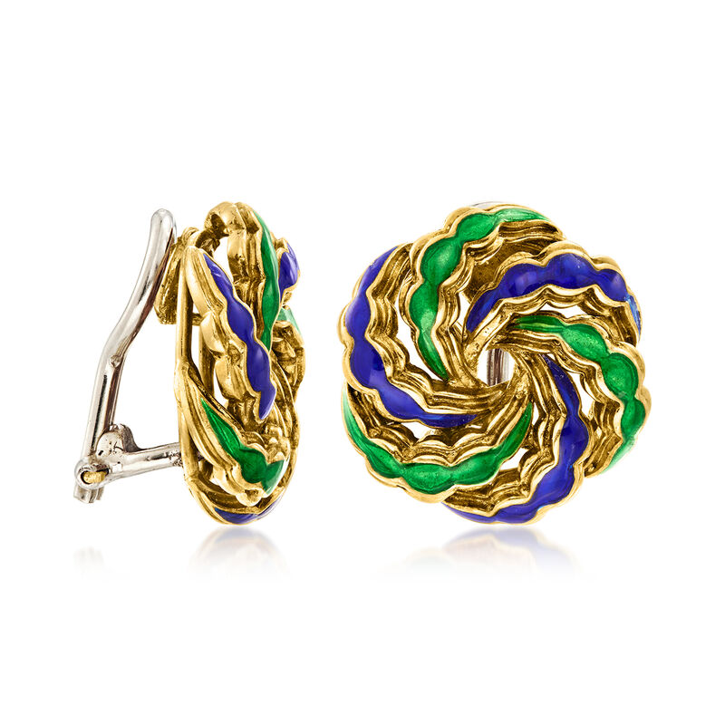 C. 1960 Vintage Blue and Green Enamel Swirl Clip-On Earrings in 18kt Yellow Gold  image number 2