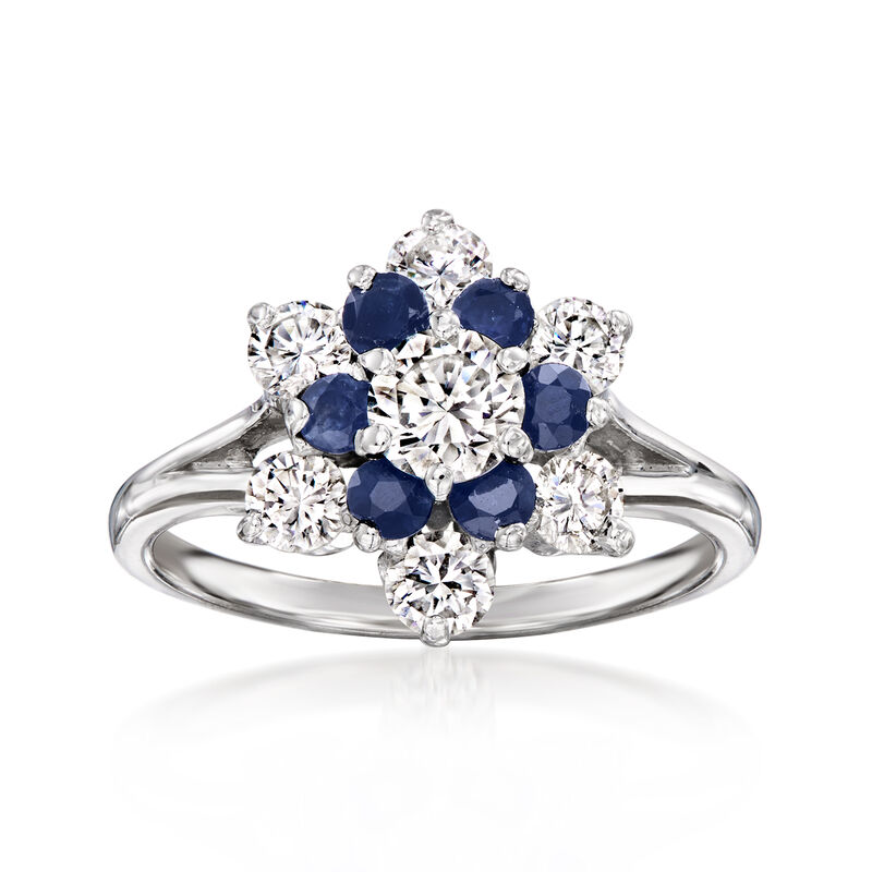 C. 1980 Vintage 1.10 ct. t.w. Diamond and .50 ct. t.w. Sapphire Cluster Ring in 14kt White Gold. Size 5 image number 0