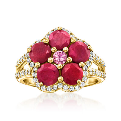 3.50 ct. t.w. Ruby and .20 Carat Pink Sapphire Flower Ring with .60 ct. t.w. White Topaz in 18kt Gold Over Sterling