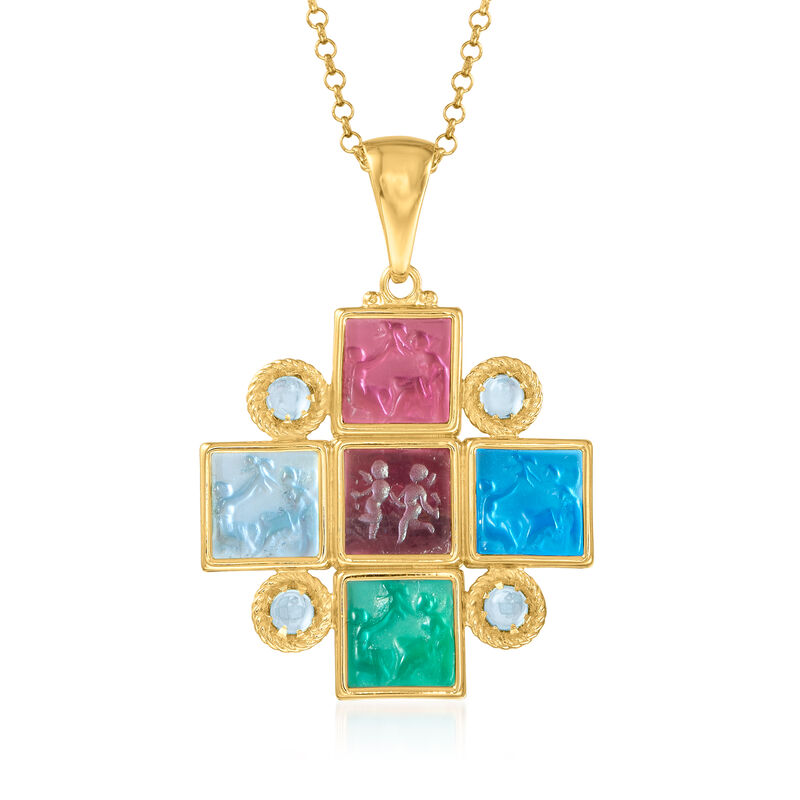Italian Tagliamonte Multicolored Venetian Glass Intaglio Pendant Necklace with 1.20 ct. t.w. Sky Blue Topaz in 18kt Gold Over Sterling image number 0