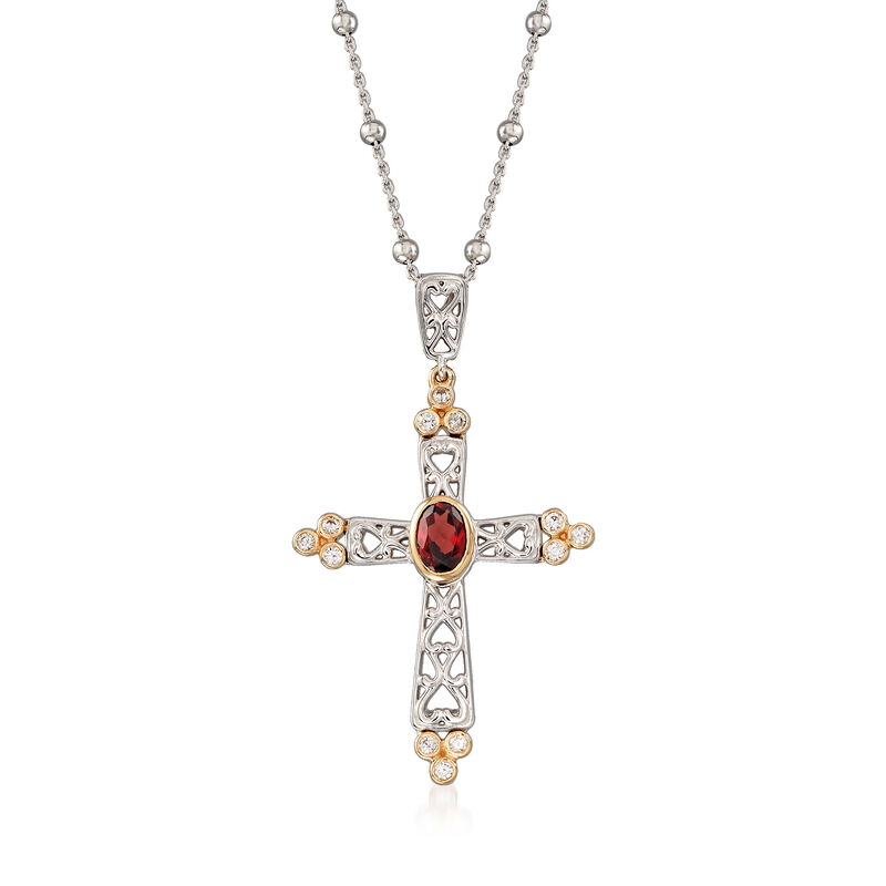 .90 Carat Garnet and .40 ct. t.w. White Zircon Cross Pendant Necklace in Sterling Silver with 14kt Yellow Gold image number 0