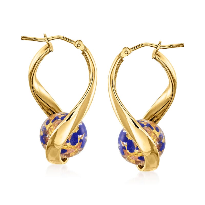 Italian Blue Murano Glass Bead Twisted Hoop Earrings in 18kt Gold Over Sterling. 1 1/4&quot; image number 3