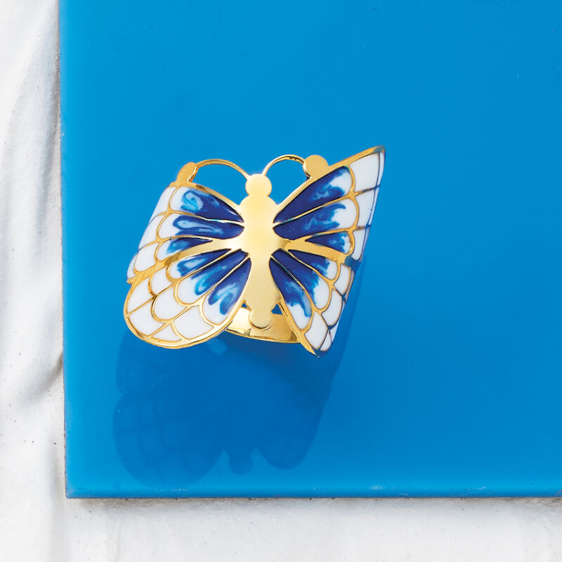 Italian Blue and White Enamel Butterfly Ring in 14kt Yellow Gold image number 4