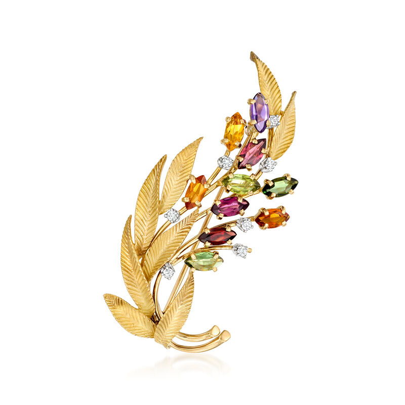 C. 1980 Vintage 5.00 ct. t.w. Multi-Gemstone and .30 ct. t.w. Diamond Floral Pin in 18kt Yellow Gold  image number 0
