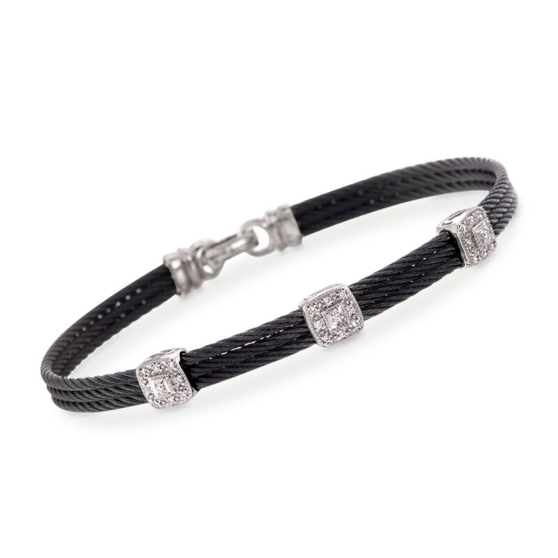 ALOR &quot;Classique&quot; .14 ct. t.w. Diamond Station Black Cable Bracelet with 18kt White Gold. 7&quot; image number 0