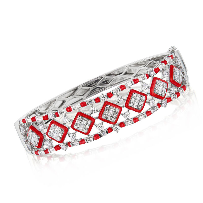 1.85 ct. t.w. Diamond and Red Enamel Bangle Bracelet in 18kt White Gold image number 0