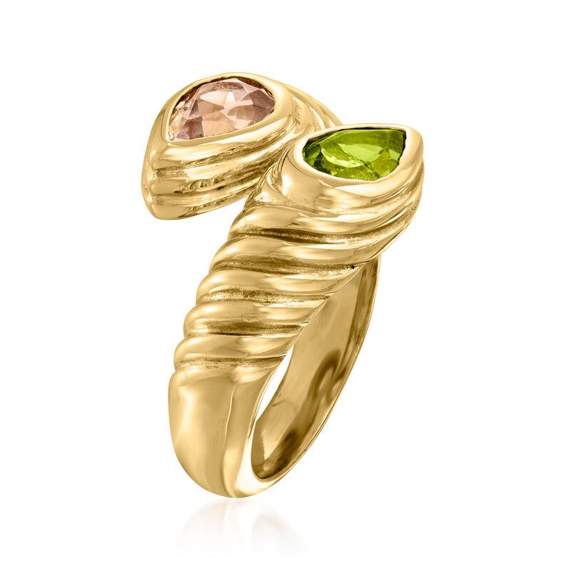 C. 1980 Vintage Bulgari .75 Carat Peridot and .70 Carat Pink Tourmaline Bypass Ring in 18kt Yellow Gold image number 2