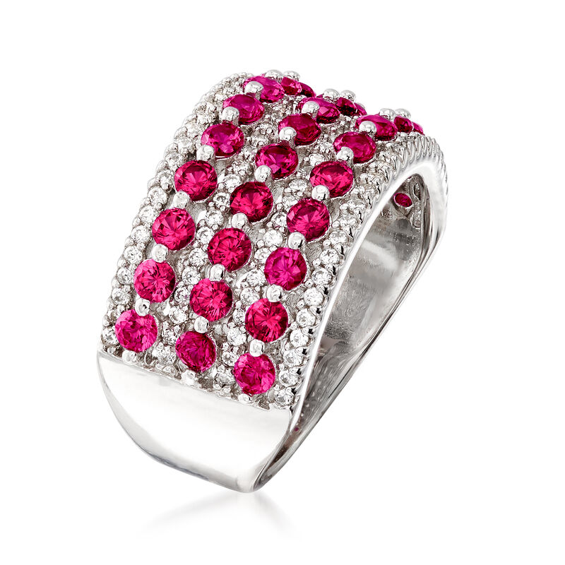 2.60 ct. t.w. Simulated Ruby and .54 ct. t.w. CZ Multi-Row Ring in Sterling Silver image number 2