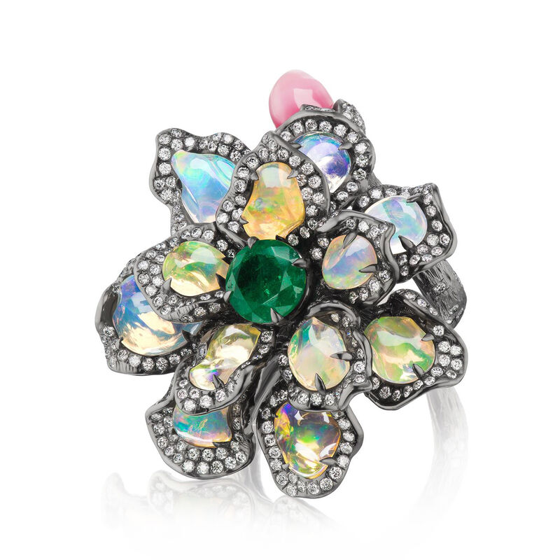 Opal, Shell Pearl, 2.23 ct. t.w. Diamond and 1.75 Carat Emerald Flower Ring in 18kt White Gold. Size 7 image number 0