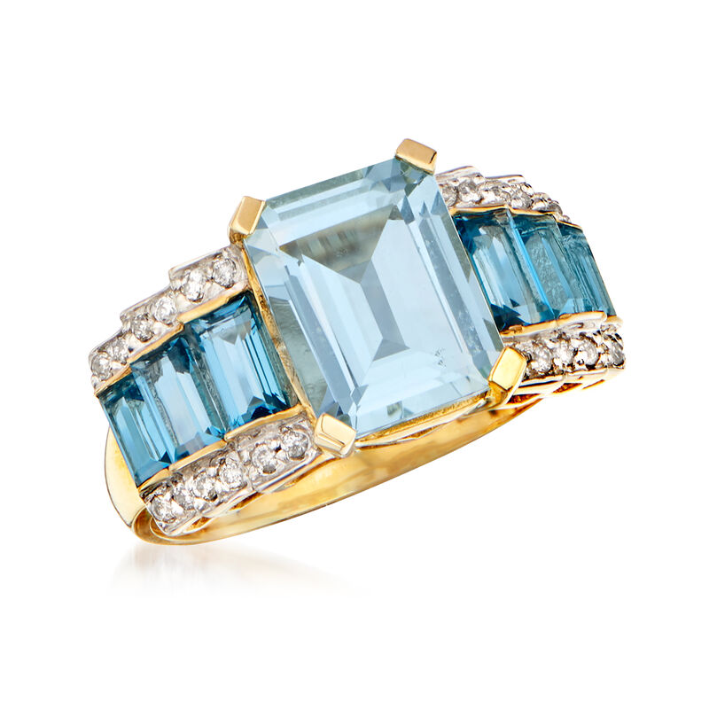 2.30 Carat Aquamarine, 1.30 ct. t.w. Blue Topaz and .13 ct. t.w. Diamond Ring in 14kt Yellow Gold image number 3