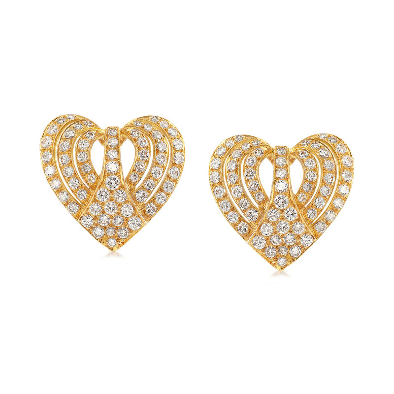 C. 1980 Vintage 3.00 ct. t.w. Diamond Heart Earrings in 18kt Yellow Gold image number 0